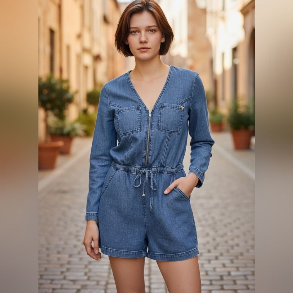 Guess Blue Jumpsuit with Puff Sleeves and Fitted Waist